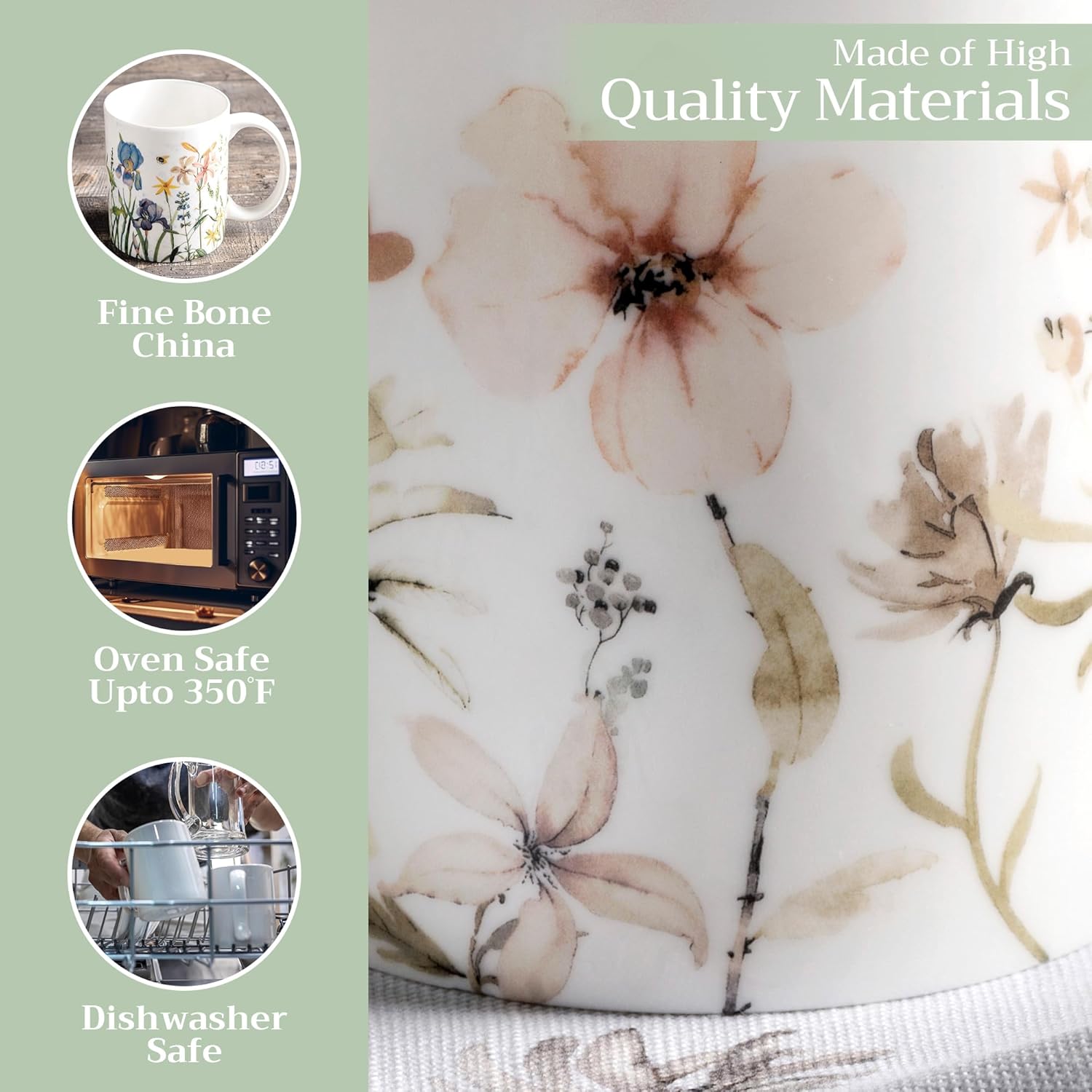 Maison d' Hermine Coffee Mug with Handles Fine Bone China Mugs Pack of One Tea Cups for Hot Beverages Cappuccino Latte Home Office Perfect for Gift (Ice Florals - Romantic Morning, 12 Ounce)