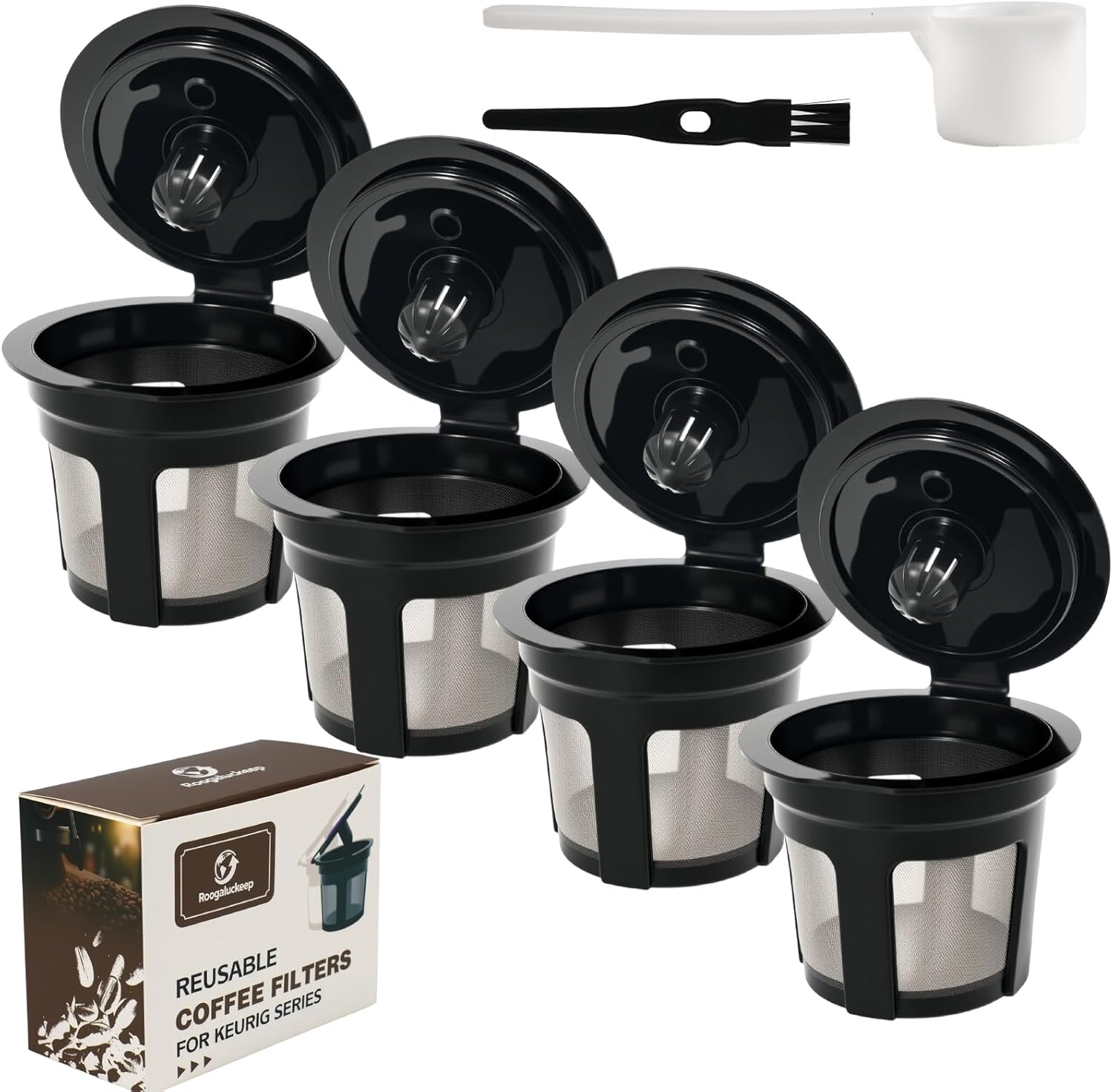 4-Pack Roogaluckeep Reusable K Cup for Keurig, Black BPA Free Refillable K-Cup Pod Coffee Filters, Universal Fit Refillable Coffee Filters for 1.0 and 2.0 Keurig Coffee Makers