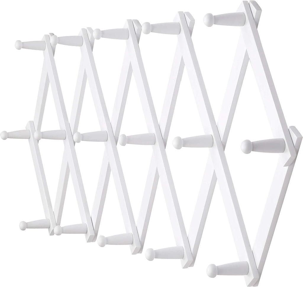 Dseap Accordian Wall Hanger: 16” High Wooden Wall Expandable Coat Rack, Hat Rack Holder, Accordion Hook for Baseball Caps, Coats, Mugs, 16 Peg Hooks, White