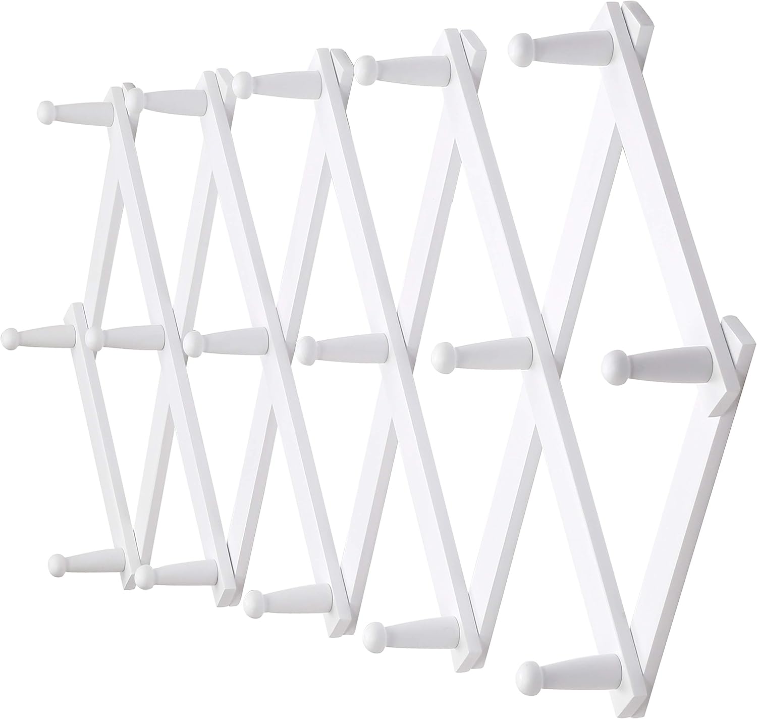 Dseap Accordian Wall Hanger: 16” High Wooden Wall Expandable Coat Rack, Hat Rack Holder, Accordion Hook for Baseball Caps, Coats, Mugs, 16 Peg Hooks, White