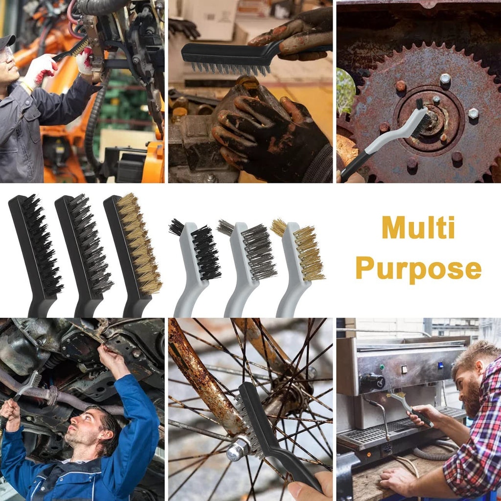 Wire Brushes Cleaning Set 6Pc, 9" and 7", Wire Brushes for Cleaning Welding Slag, Rust and Dust. Includes Brass, Nylon, Stainless Steel Brushes with Strong Handle