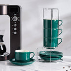 8 Ounce Porcelain Cappuccino Cups with Saucers and Silver Stand, Green Cups Set of 4