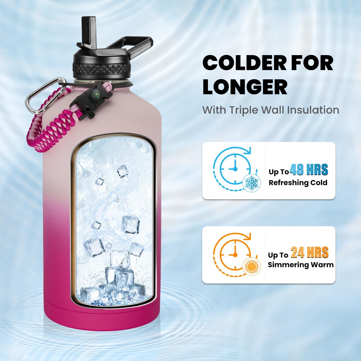 One Gallon Water Bottle Insulated, Triple Walled Vacuum Stainless Steel (Cold for 48 Hrs), Leak Proof & Non-BPA, Large Water Flask Jug with Paracord Handle & Straw Spout Lids