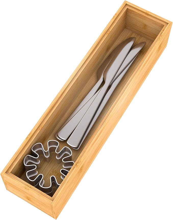 Utensil Organizer Silverware Drawer Organizer - Stackable Bamboo Flatware Caddy Cutlery Holder, Wooden Storage Boxes Tray for Bedroom,Office, Bathroom, Vanity & Garage Tool Organization(12"3"2.5")