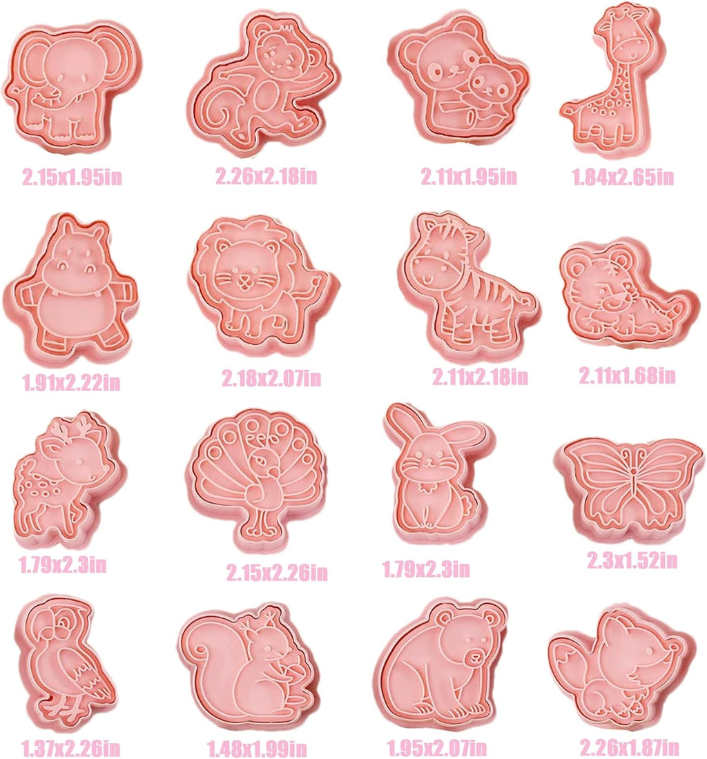 16pcs Animal Cookie Cutter Stamps Set, Lion, Panda, Forest Themed Plunger Stampers for Baking, Plastic Biscuit Molds for DIY Cookies, Cake Decor(J16)