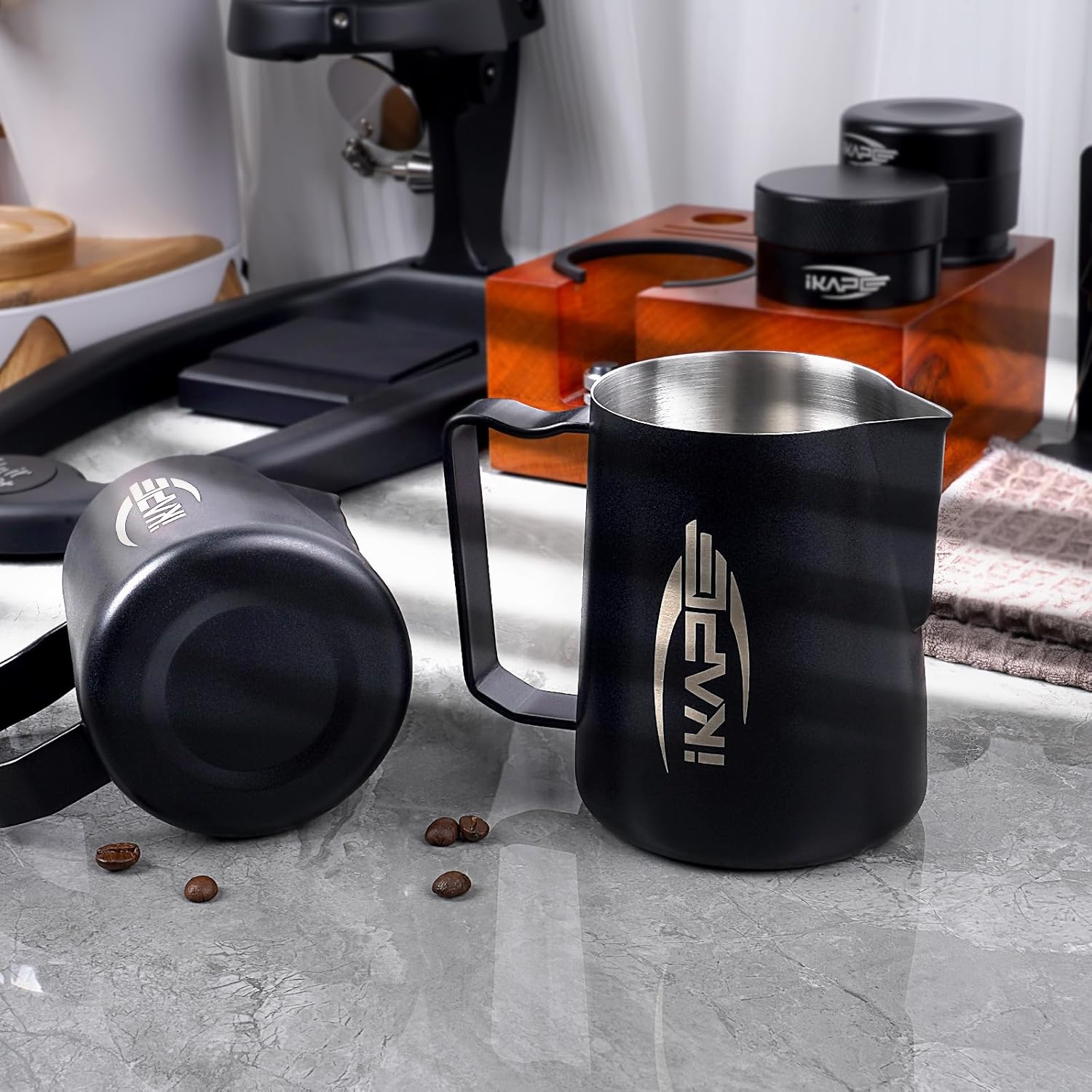 IKAPE Espresso Milk Pitcher, Espresso Steaming Pitcher with Sharp Spout for Espresso Barista Tool, 20.3 oz / 600ml Milk Frothing Jug (Black)