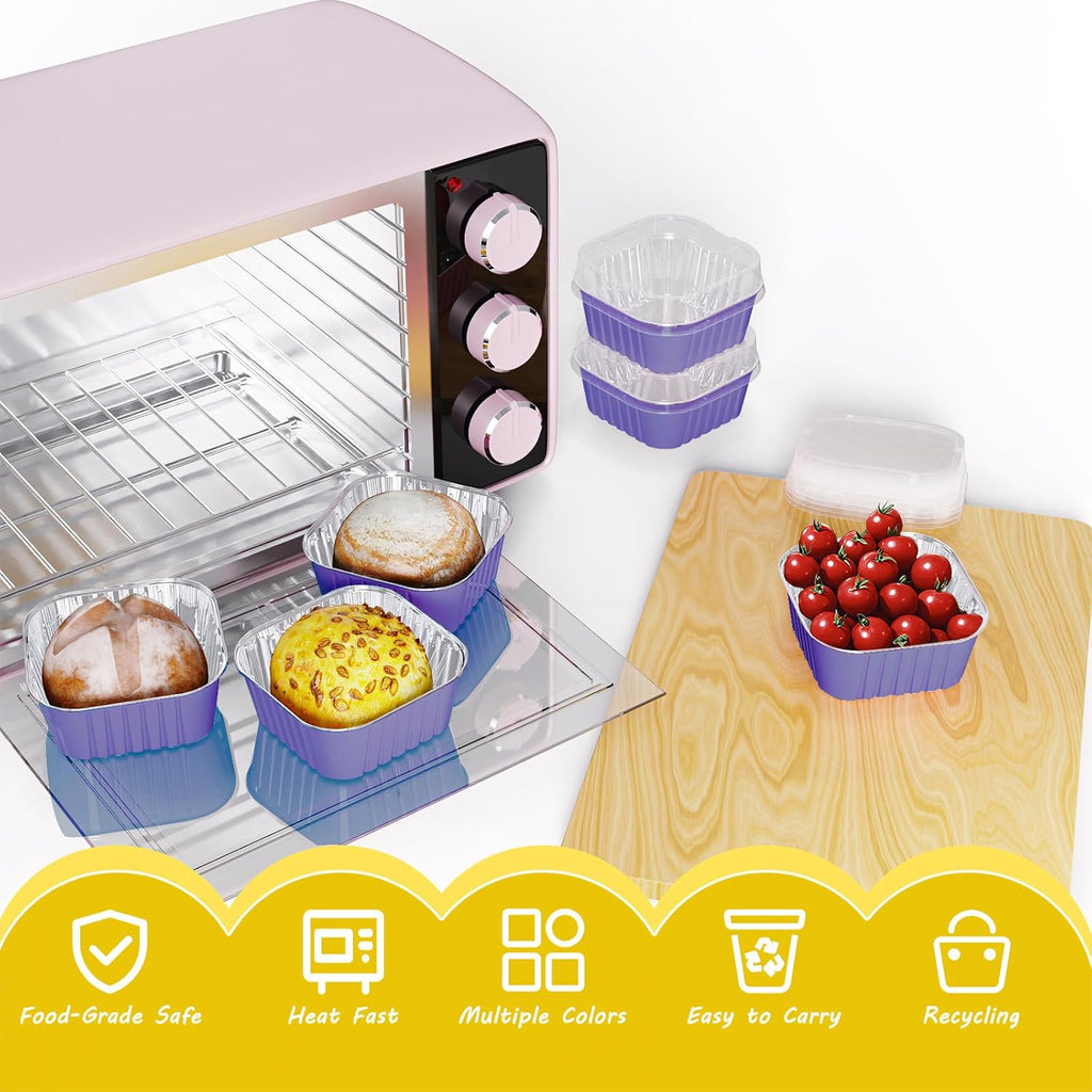 25 Pack Square Mini Cake Pans with Lids,Mini Loaf Pans with Lids,Aluminum Foil Baking Cups,Disposable Ramekins Cupcake Cups,Dessert Cups for Wedding Birthday Party Picnics,5oz (Purple)
