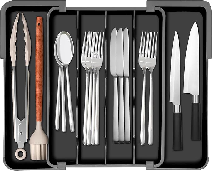 Homecor Silverware Organizer - Large Expandable Kitchen Drawer Organizer Utensil Holder, BPA Free Flatware and Cutlery Tray for Spoons Forks Knives, Plastic Kitchen Organizer and Storage