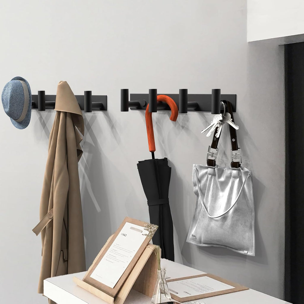 VAEHOLD 2PACK Hat and Coat Wall Mount Rack - 4 Hooks for Robes, Bags, Keys, and Towels - Bathroom Towel Hanger Organizer -Black