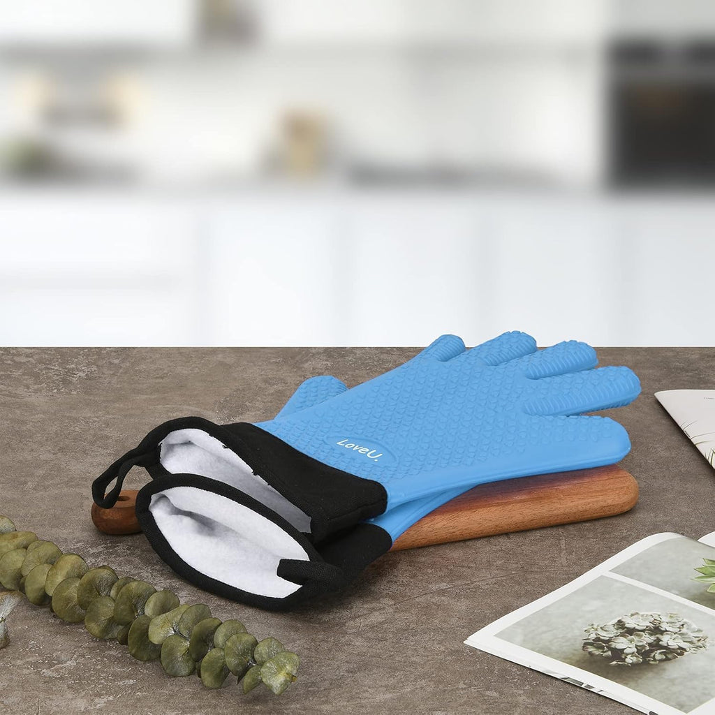 Kitchen Oven Gloves - Dual-Layer Heat Resistant Grilling Gloves, Silicone Oven Mitts with 5 Fingers, Waterproof Non-Slip Pot Holder for Barbecue, Cooking, Baking (Small, Blue Long)