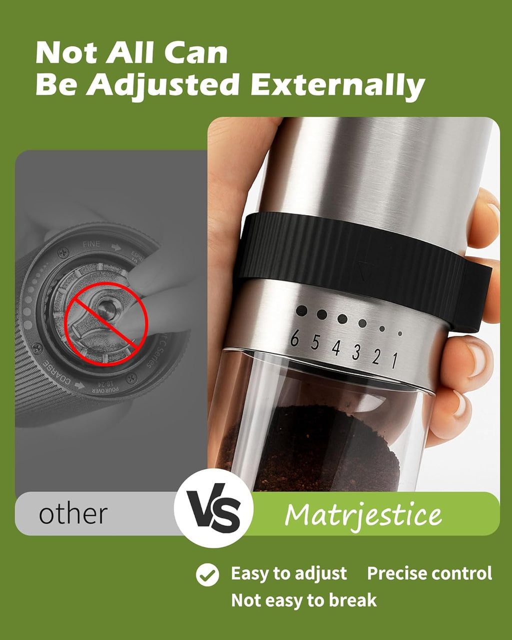 Manual Coffee Grinder with Stainless Steel Burr - 1.12oz Capacity Handheld Mill for Espresso, Drip, Cold Brew with 6 Adjustable Settings & Quiet -Extra Fine Grinding (Stainless Steel Burr)