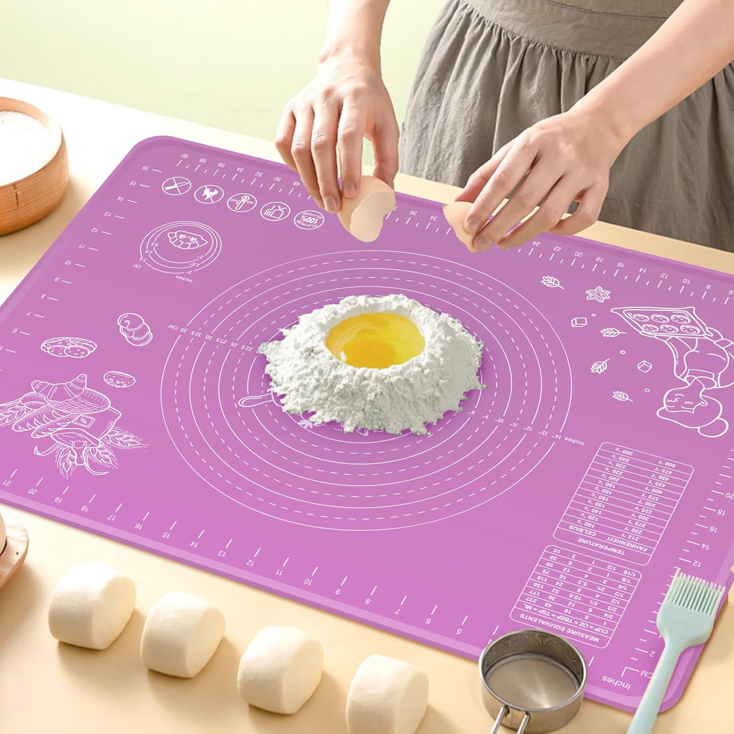 Silicone Baking Mat 28" x 20" Extra Thickness Dough Rolling Mat with Measurements and Edge Heightening, Non-stick Food Grade Silicone Pastry Mat for Pastry, Bread, Cookies, Pizza, Fondant, Pasta