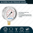 MEASUREMAN 2-1/2inch Dial Size, Liquid Filled Pressure Gauge, 0-200psi/kpa, 304 Stainless Steel Case, 1/4 inchNPT Lower Mount