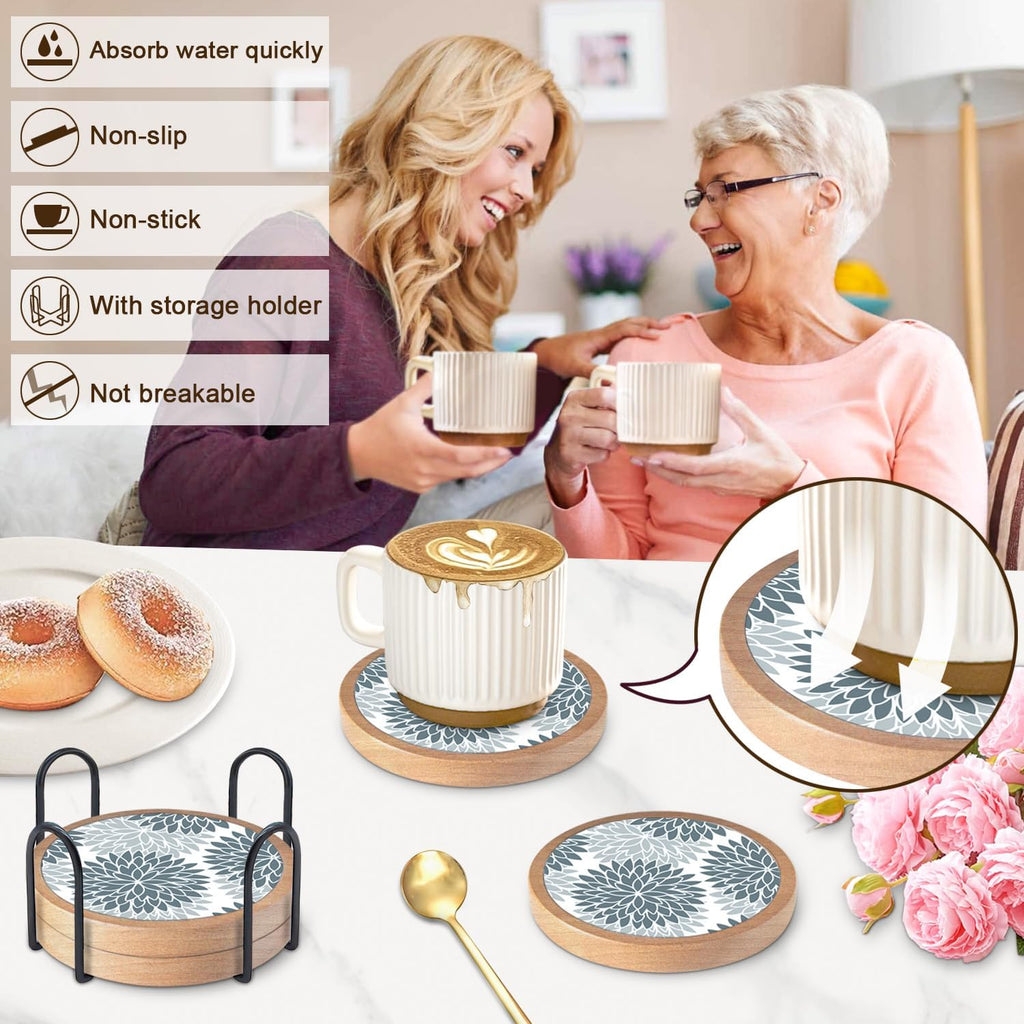 Wood Coasters Set of 4 with Holder, Cewiru Cup Mat for Drinks, Absorbent Coasters with Felt Insert for Coffee Table Protection, Modern Style Home Dining Table Decor, 4.3" Grey