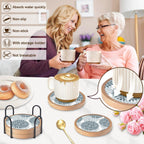 Wood Coasters Set of 4 with Holder, Cewiru Cup Mat for Drinks, Absorbent Coasters with Felt Insert for Coffee Table Protection, Modern Style Home Dining Table Decor, 4.3" Grey