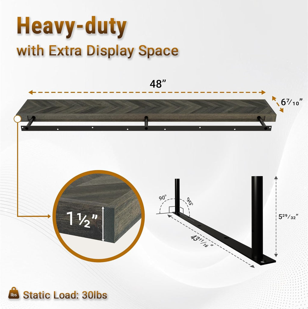 48" Rustic Farmhouse Floating Shelves – Set of 2 Acacia Wood Shelves for Stylish Wall Decor in Kitchen, Bathroom, Unique Chevron Pattern, Mocha Color, 48x8x1.5 Inches - Set of 2 - DIY