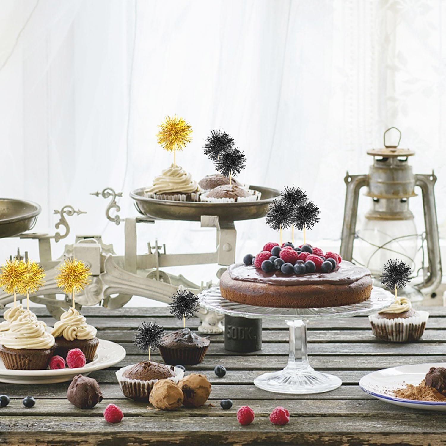 80 Pcs Firework Cupcake Topper Gold Graduation Cake Decorations Foil Frill Toothpicks for Party Decoration, Cake Toppers, Picnics, Bar, Birthday, Holiday (Black, Gold)