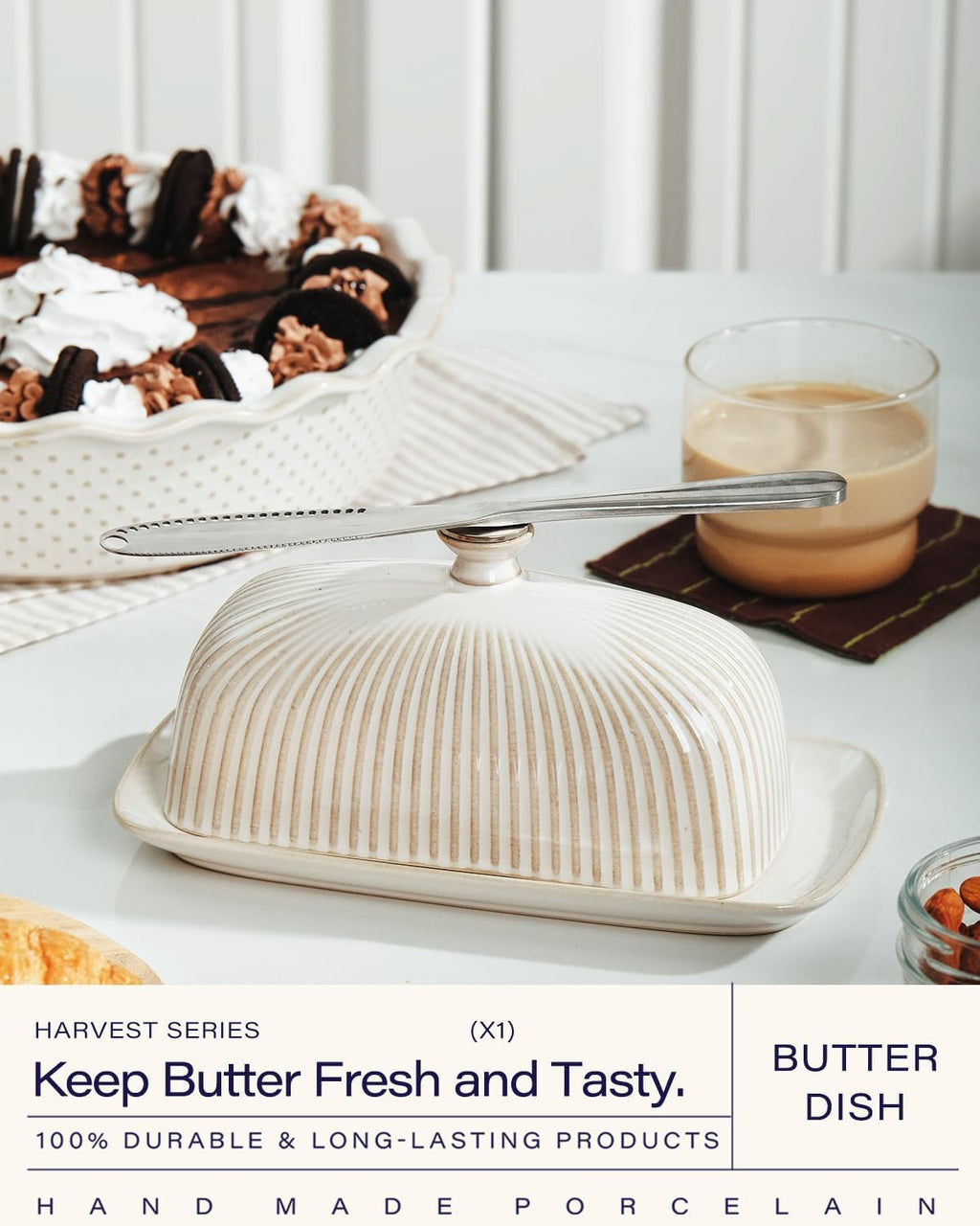 Getstar Ceramic Butter Dish with Lid and Stainless Steel Knife for Countertop, with Magnet to Attract Knife, Fit both West East Coast Butter