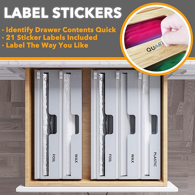 SpaceAid WrapNeat 3 in 1 Wrap Organizer with Cutter and Labels, Plastic Wrap, Aluminum Foil and Wax Bamboo Dispenser for Kitchen Storage Organization Holder for 12" Roll (Gray)