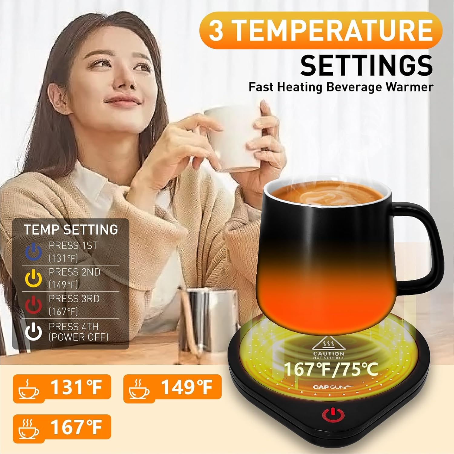 Electric Coffee Mug Warmers for Desk, 75℃ Precision Heating & Auto Shut Off, Spill-Proof Cup Warmer for Coffee/Tea/Milk/Hot Chocolate Beverages (Black)