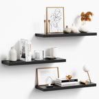 Floating Shelves - Black Wood Wall Shelf Set of 3, 24" Wall Mounted, Kitchen, Living Room, Bedroom, Bathroom Storage, Book Shelf, Frame Display