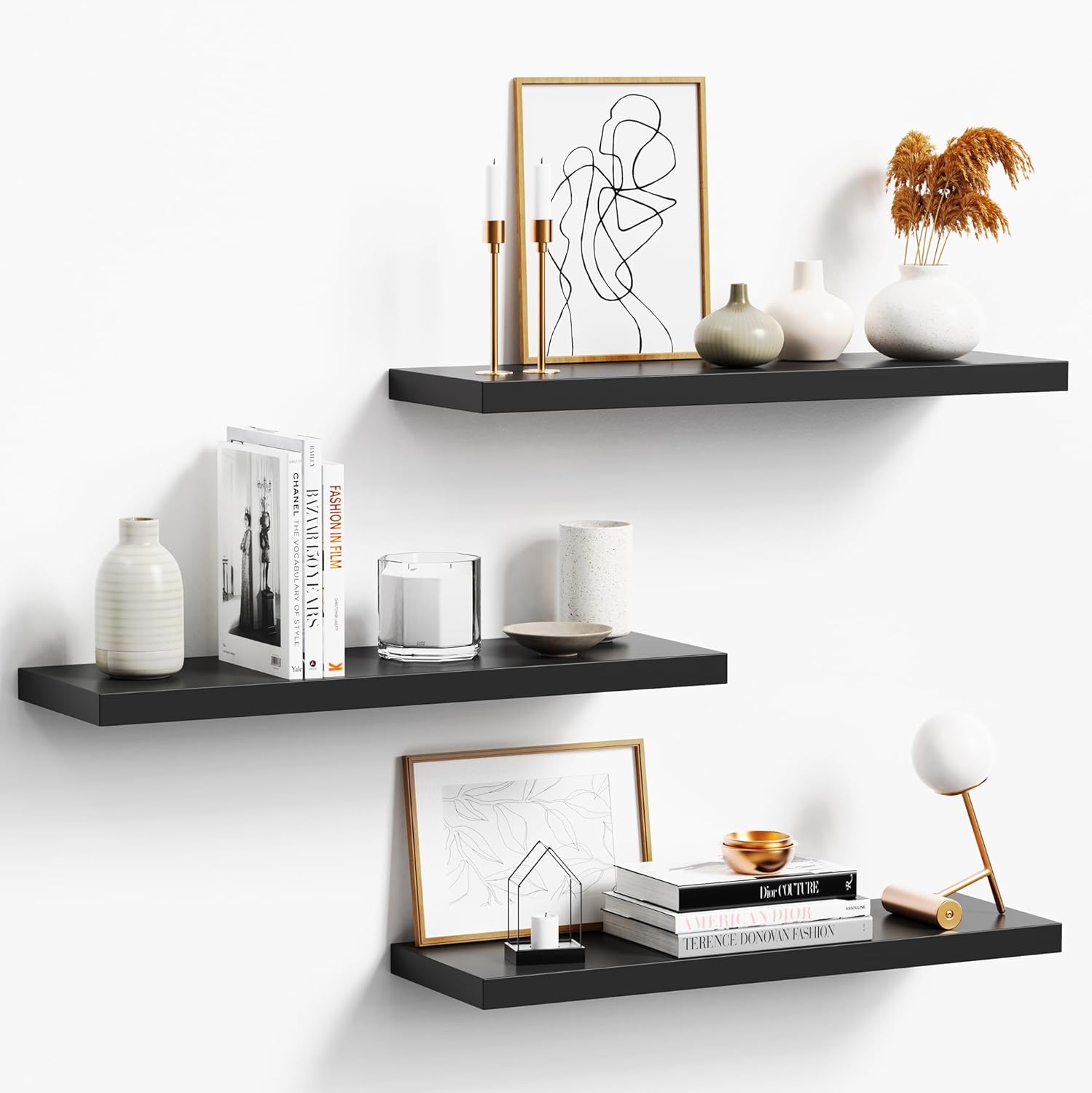 Floating Shelves - Black Wood Wall Shelf Set of 3, 24" Wall Mounted, Kitchen, Living Room, Bedroom, Bathroom Storage, Book Shelf, Frame Display