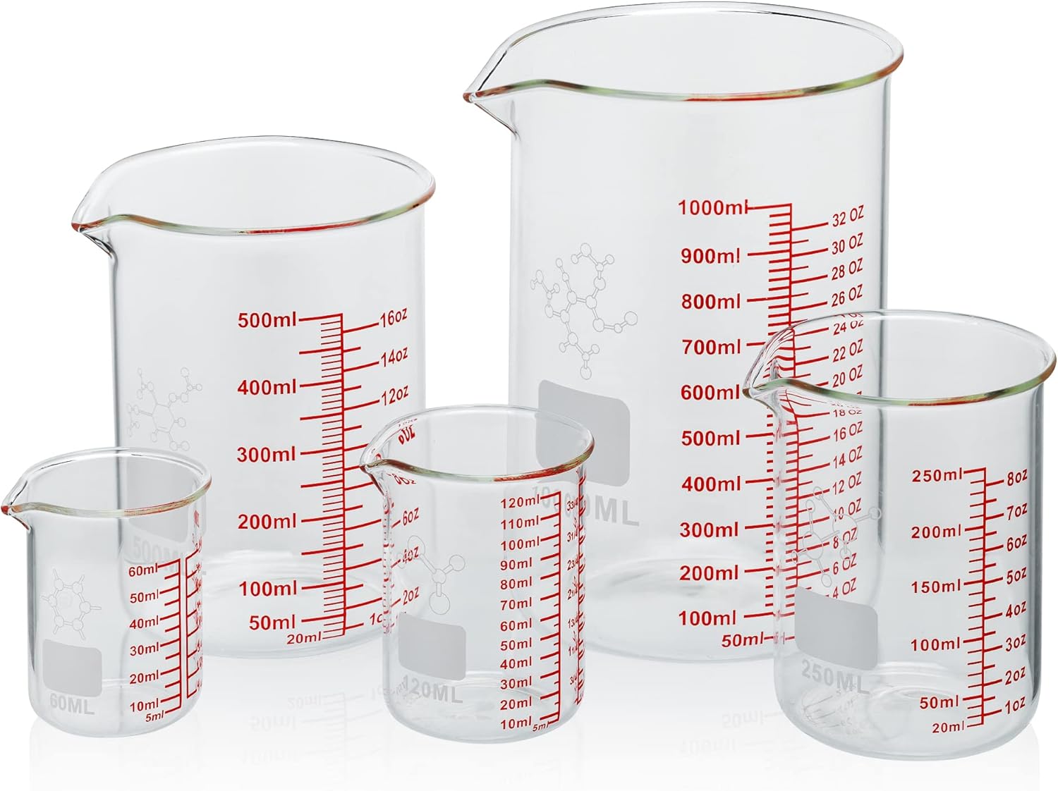 High Borosilicate Glass Measuring Cup Set-V-Shaped Spout,Includes 60ml(2OZ), 120ml(4OZ), 250ml(8OZ), 500ml(16OZ), and 1000ml (32OZ) for Kitchen or Restaurant, Easy to Read