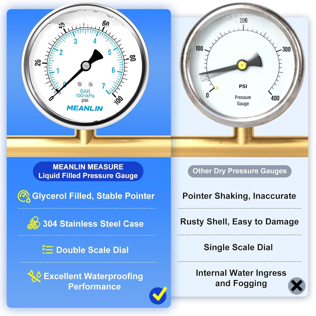 MEANLIN MEASURE 0~100Psi Stainless Steel 1/4" NPT 4" FACE DIAL Liquid Filled Pressure Gauge WOG Water Oil Air Back Mount, with 1/4" x 1/2" NPT and 1/4" x 3/8" NPT Hex Bushing