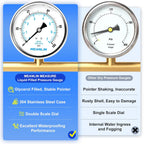 MEANLIN MEASURE 0~100Psi Stainless Steel 1/4" NPT 4" FACE DIAL Liquid Filled Pressure Gauge WOG Water Oil Air Back Mount, with 1/4" x 1/2" NPT and 1/4" x 3/8" NPT Hex Bushing