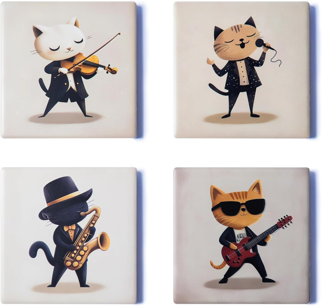Ceramic Coasters Set of 4 – Square Drink Coasters with Cork Backing, 3.9x3.9 Inches – Decorative Printed Designs for Home, Office, or Gift Use (Musical Cats)
