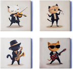 Ceramic Coasters Set of 4 – Square Drink Coasters with Cork Backing, 3.9x3.9 Inches – Decorative Printed Designs for Home, Office, or Gift Use (Musical Cats)