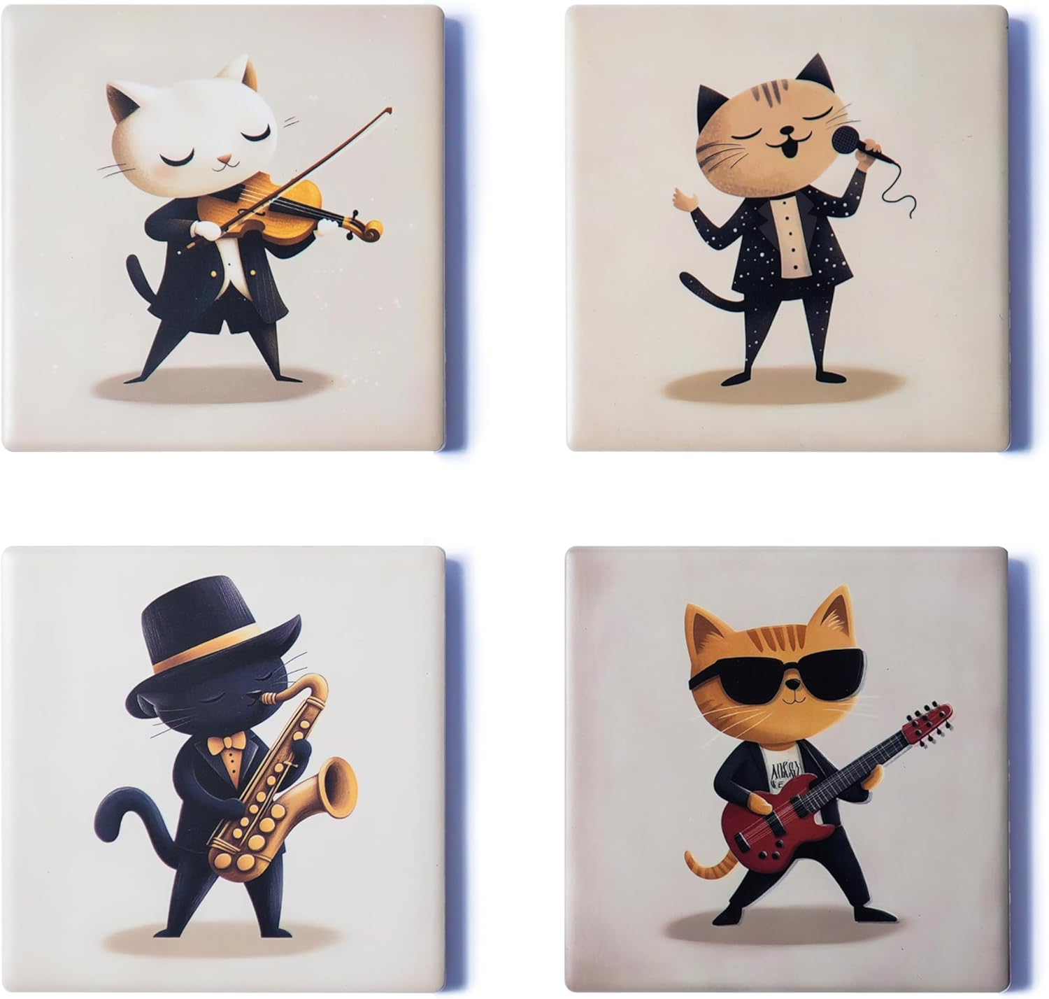 Ceramic Coasters Set of 4 – Square Drink Coasters with Cork Backing, 3.9x3.9 Inches – Decorative Printed Designs for Home, Office, or Gift Use (Musical Cats)