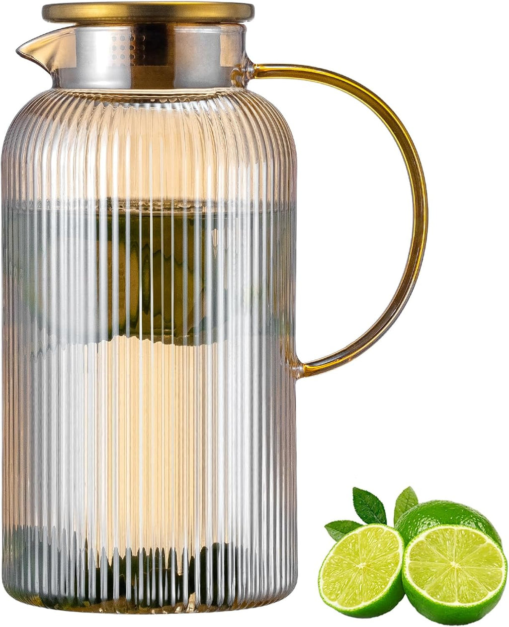 Glass Pitcher with Lid, 84oz/2.5 Liter Amber Classic Vertical Stripes Water Pitcher,Glass Water Carafe for Cold Brew, Coffee, Lemonade, Iced Sun Tea,Beverage, Milk, Heat Resistant