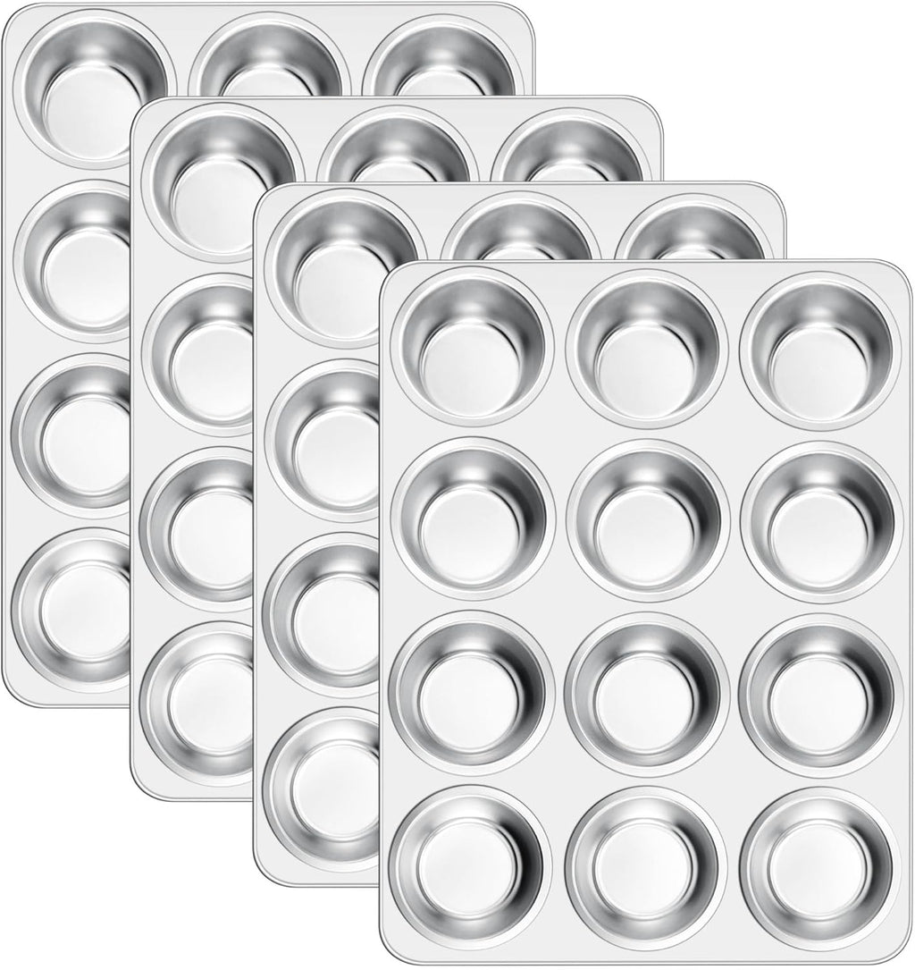 E-far 12-Cup Muffin Pan Set of 4, Stainless Steel Muffin Tins, Non-Toxic Metal Cupcake Pans Tray for Baking Small Mini Cupcake, Heavy Duty & Regular Size, Rust Free & Dishwasher Safe