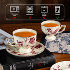 KAMMAK Tea Cups and Saucers Set of 2, Porcelain Coffee Cups, 6.8-Ounce Stackable Espresso Mugs, Ceramic Demitasse for Coffee, Latte, Americano, Tea, Red Orchid