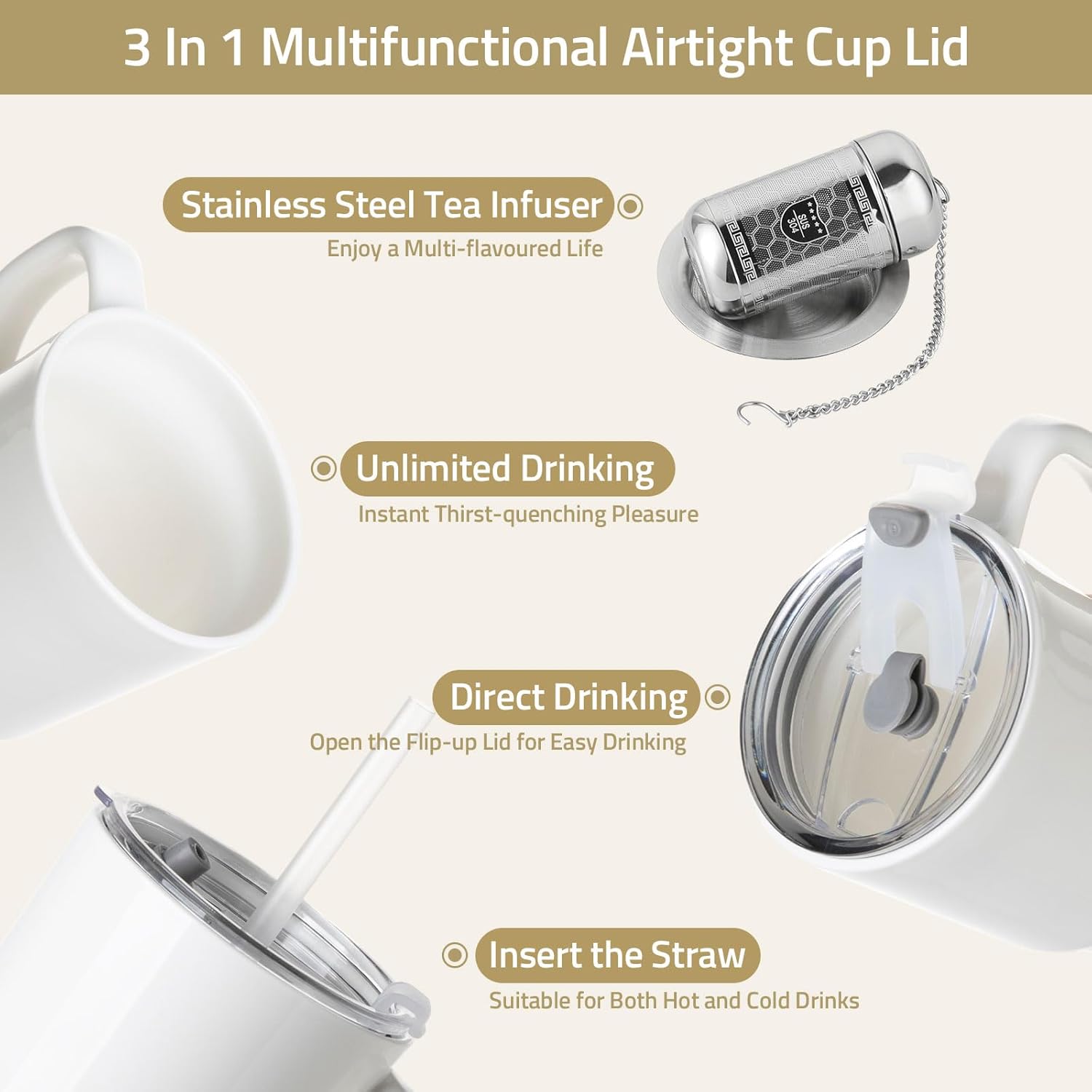 Sweejar Ceramic Travel Mug with Lid, 16 oz Portable Coffee Mug, Dishwasher Safe Tea Cup with Infuser, Reusable Teacup for Car Cup Holder, Tea Lovers(White)