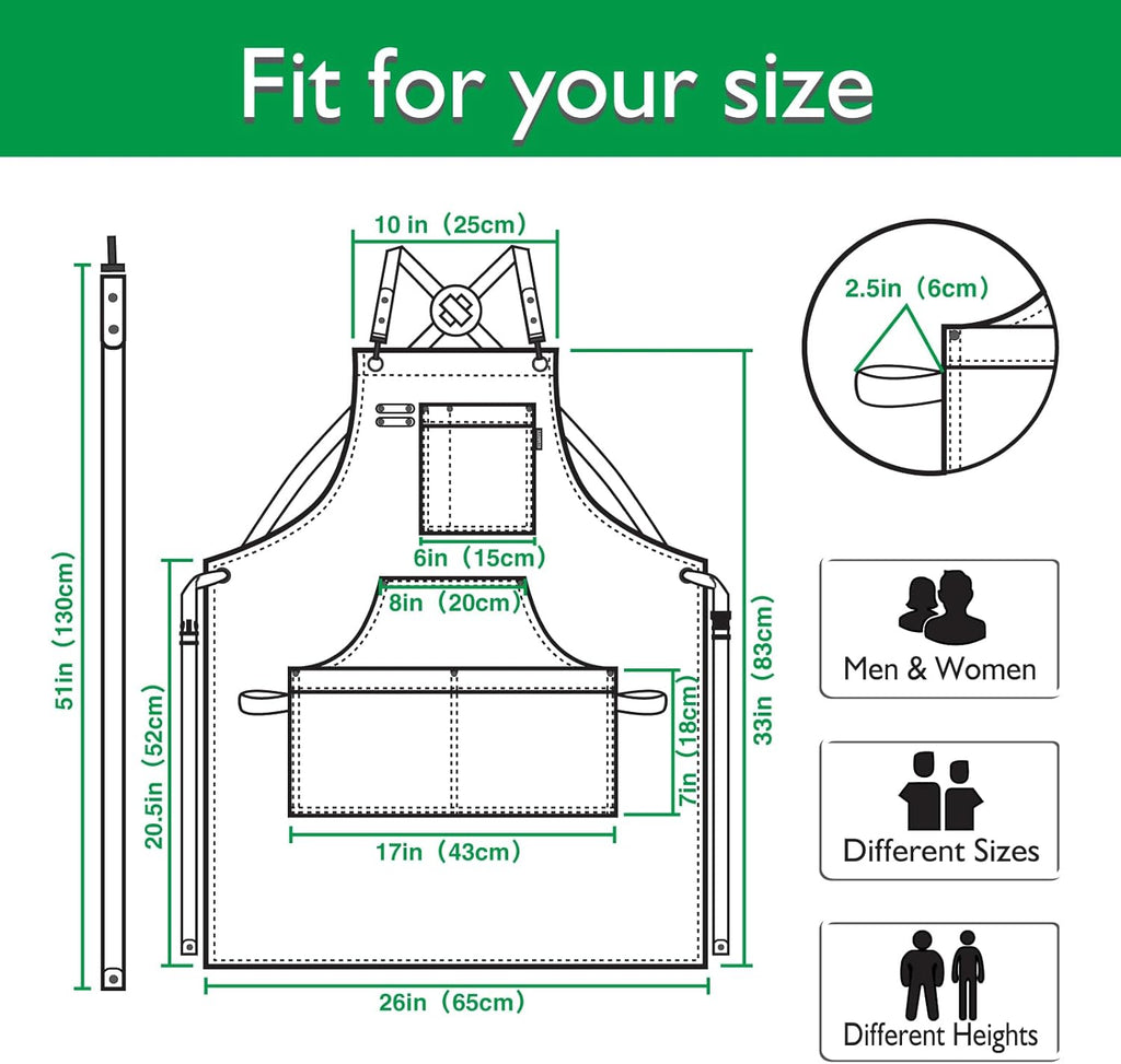 Kitchen Apron, Work Apron, Canvas, Multiple Pockets, Gardening, Painting, BBQ, Artist, Carpenter, Sizes M to XXL, Green