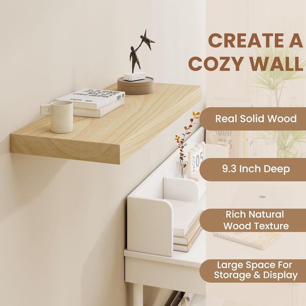 Fun Memories Deep Floating Shelves 16 Inch Long, Natural Wood Floating Shelf for Wall, Set of 2, Rustic 9 Inch Deep Wall Shelves, Deep Bathroom Shelves for Storage & Display, Burlywood