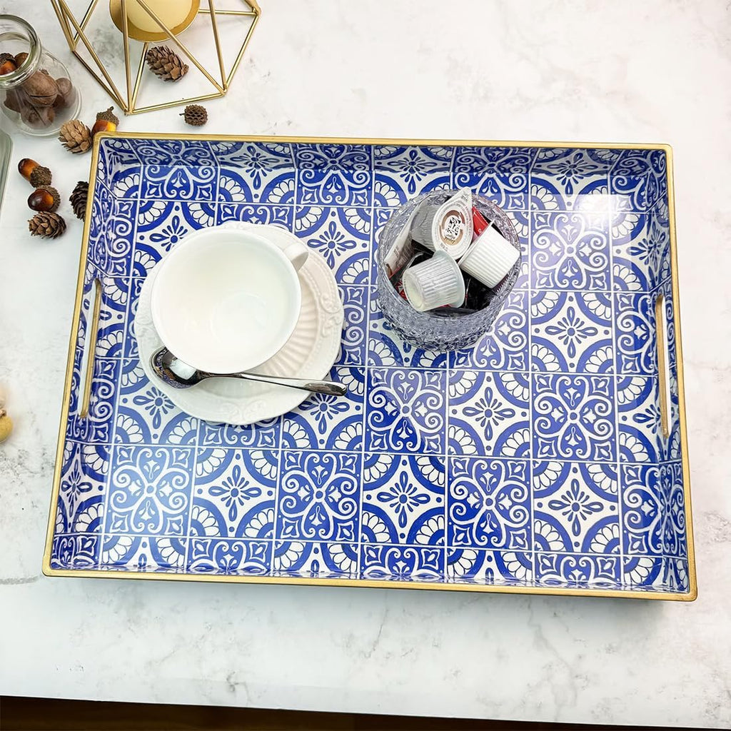Serving Tray with Handles, Rectangular Decorative Trays for Coffee Table, Plastic Ottoman Tray for Living Room, Decor, Boho Blue, 15.7”*11.8”*1.6"