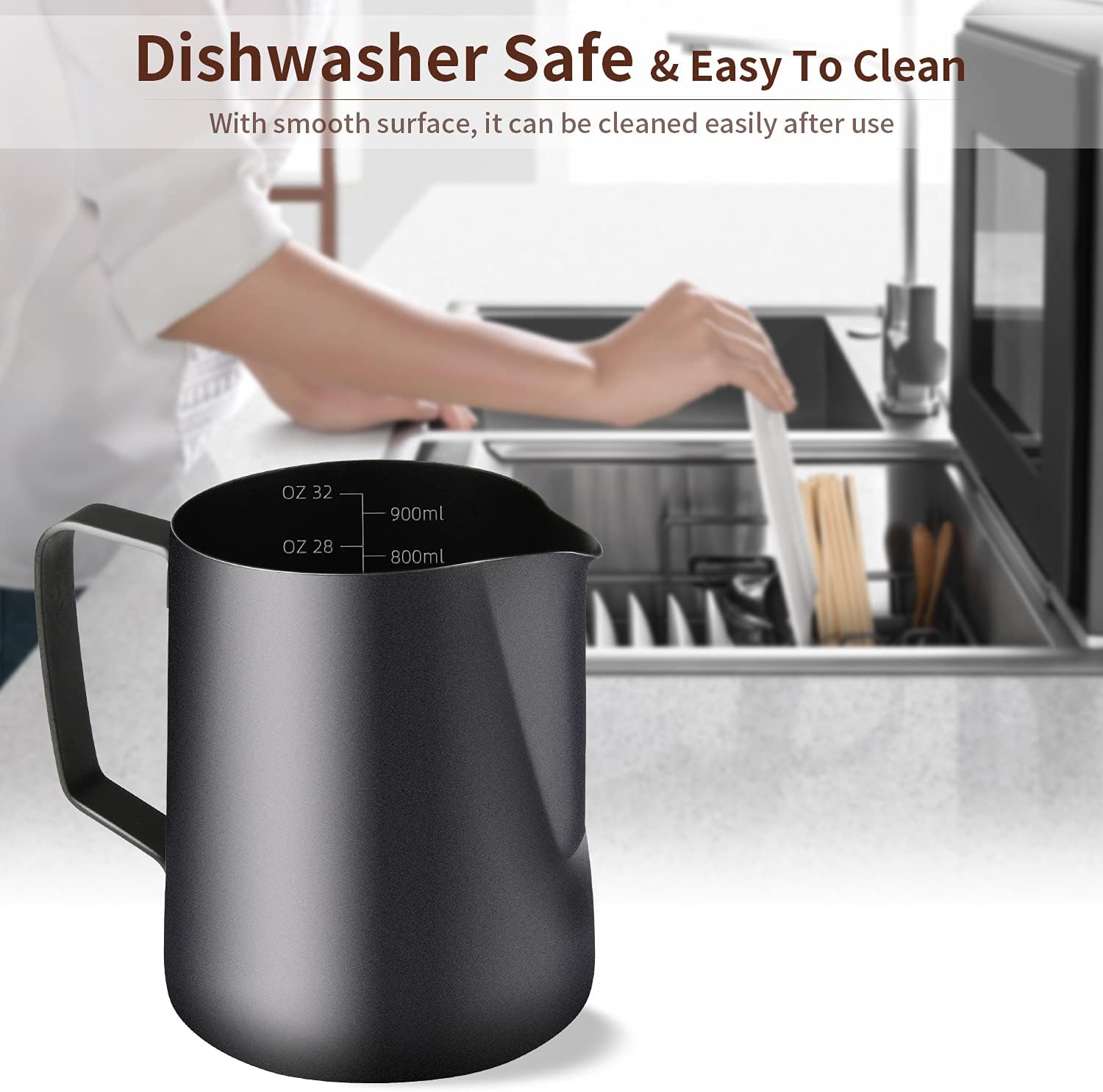 Milk Frothing Pitcher, Stainless Steel Espresso Steaming Pitcher 320Z/900ML Coffee Milk Frother Cup with Decorating Art Pen for Espresso Machine, Milk Frother, Latte Art Black