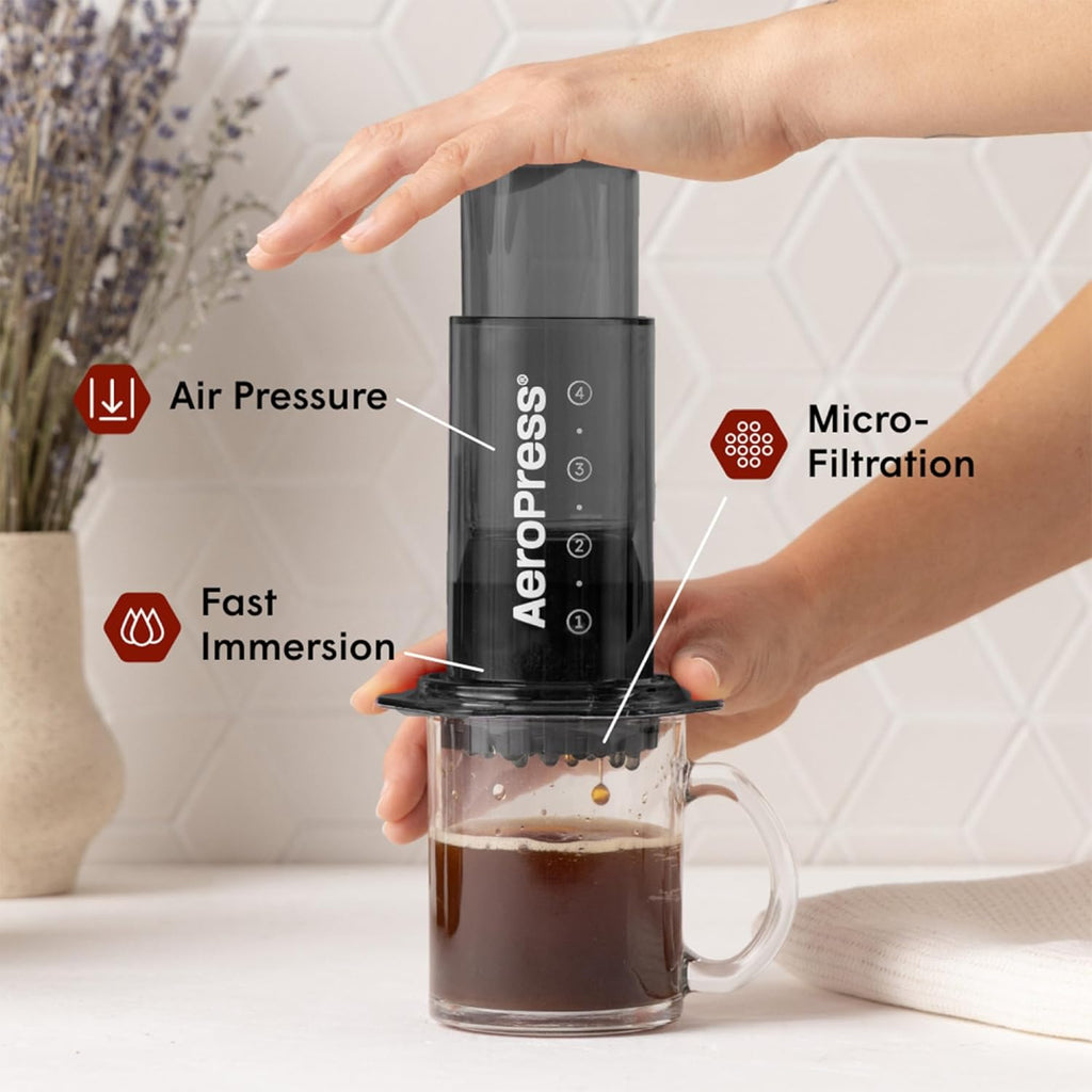AeroPress Clear Black Coffee Press – 3 In 1 Brew Method Combines French Press, Espresso, Full Bodied Coffee Without Grit or Bitterness, Small Portable Coffee Maker for Camping & Travel, Black