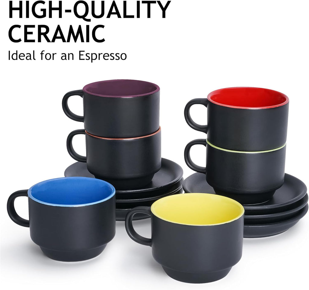 MIAMIO - 2.5 oz Espresso Cup Set with Saucers Coffee Mug Set of 6 - Ceramic Coffee Mug Stackable Espresso Mug with Stand for Coffee Drinks, Latte, Cafe Mocha - Le Papillon Collection (Colorful)