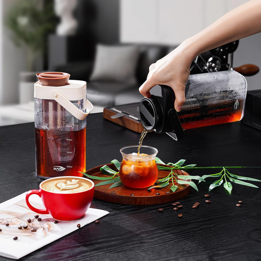 IKAPE 33.8oz Cold Brew Coffee Maker with Removable Filter, Leak-proof Spout for Iced Coffee, Tea & Flavored Drinks, Space Saving Tritan Pitcher