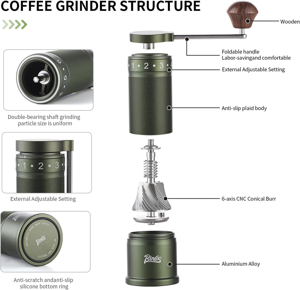 Bincoo Manual Coffee Grinder with Foldable Handle– External Setting Hand Coffee Grinder with Steel Burr,Compact and Portable for Home/Travel/Camping(Green)