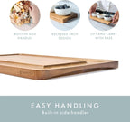 Charcuterie Board - Acacia Cheese Board with Grooves & Built-in Handles, Snack Tray for Vegetables, Fruits, Meat, Nuts - Decorative Wooden Serving Tray for Kitchen House Warming Gift