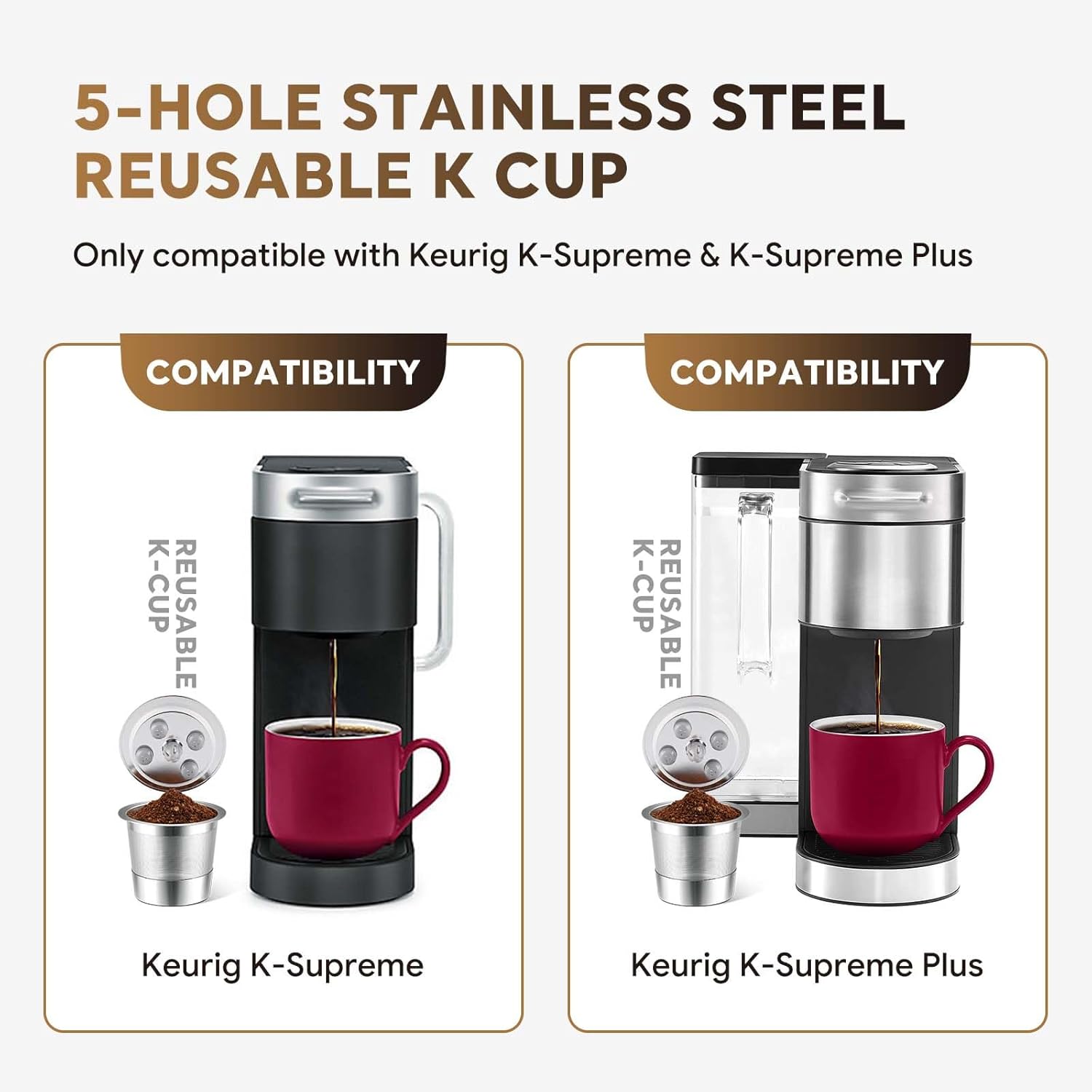 Stainless Steel Reusable K Cups for K eurig Supreme & Supreme Plus, Reusable K Cups Five Hole Universal K-eurig Refillable Coffee Pod Filter (1 Pack)