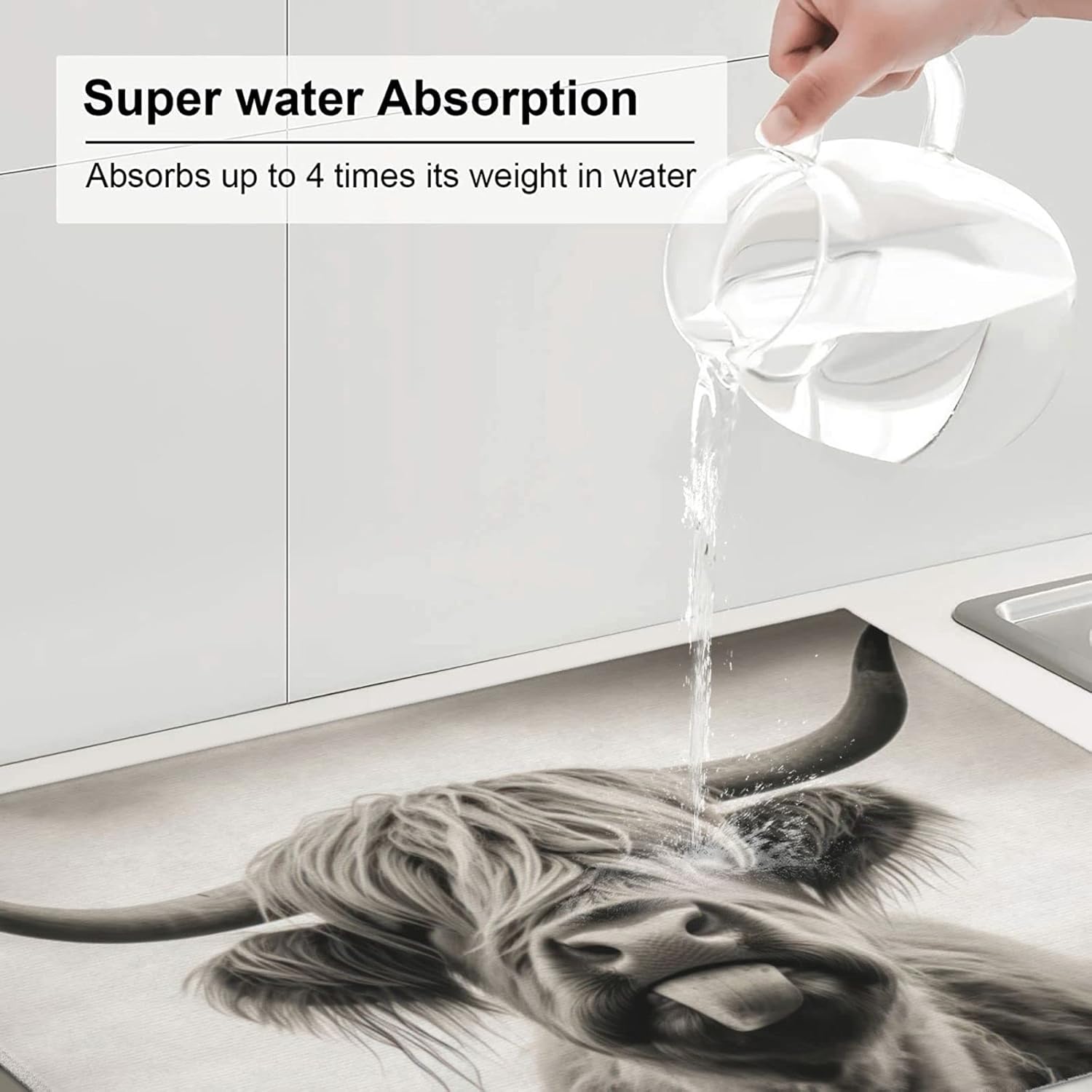 Large Dish Drying Mats For Kitchen Counter Microfiber Kitchen Drying Mat XL Draining Pad Absorbent Quick Drying Dish Mat 18x24 Inch - Cow Face