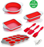 Boxiki Kitchen 13-Piece Non-Stick Silicone Bakeware Set with Cake Pan, Brownie Pan, Loaf Pan, Muffin Mold, Spatulas, Brush, and Measuring Spoons - Oven, Freezer and Dishwasher Safe