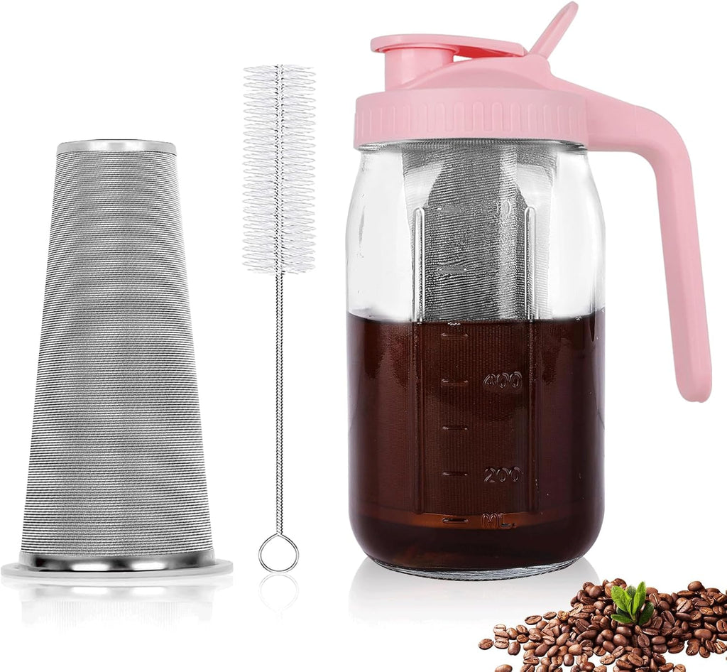 Cold Brew Coffee Maker,32 oz Mason Jar Pitcher with Stainless Steel Filter, Pour Spout Handle Lid, Heavy Duty Glass Airtight & Leak-Proof Pitcher for iced coffee Tea Lemonade-Pink