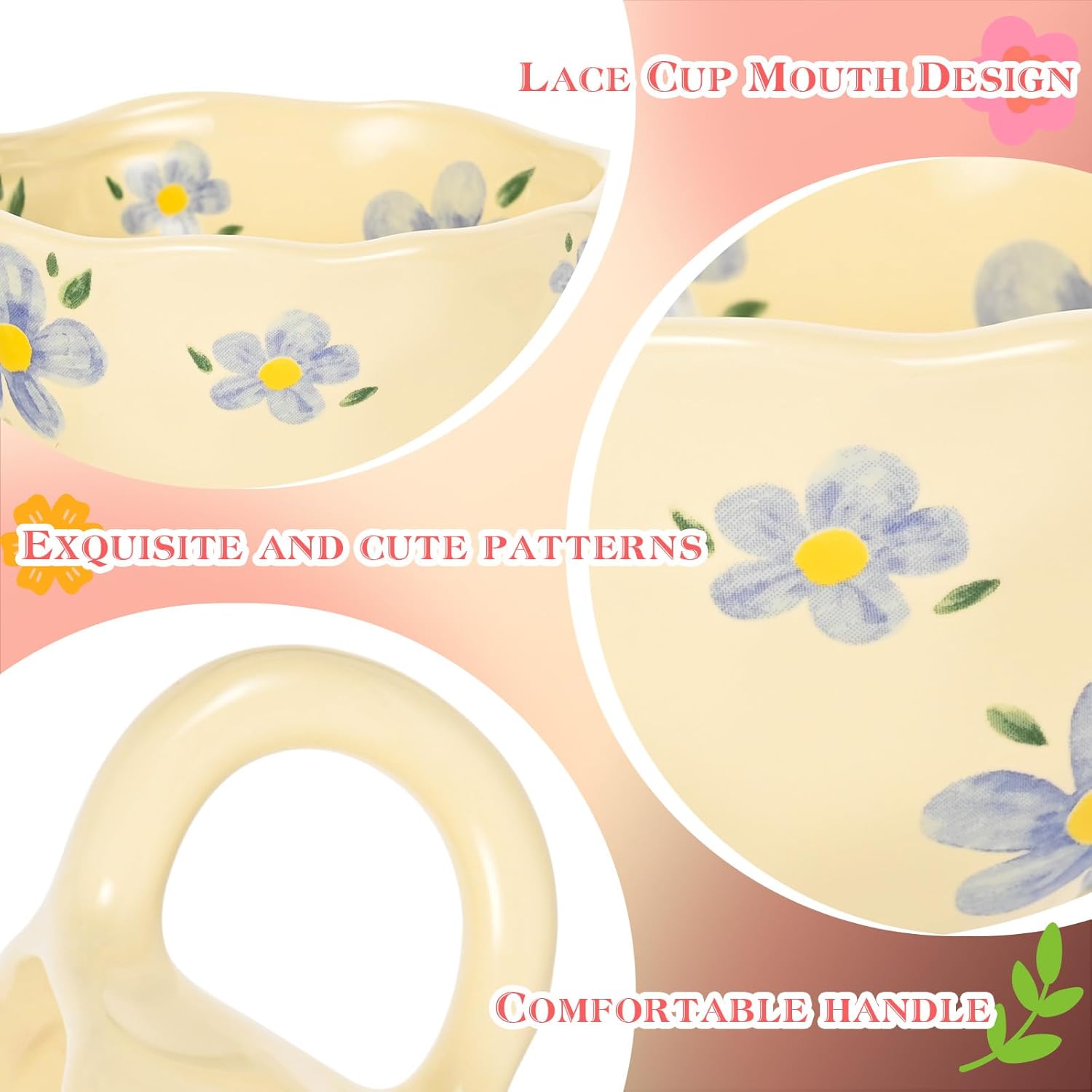 Ceramic Coffee Mug Vintage Flower Mugs 8 oz Cute Floral Coffee Mugs Irregular Latte Art Cup Lead-free Porcelain Cups for Cappuccino, Cocoa (Blue Flowers)